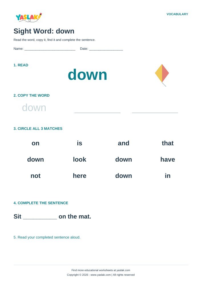 Sight Word: down worksheet with YASLAK logo and copyright