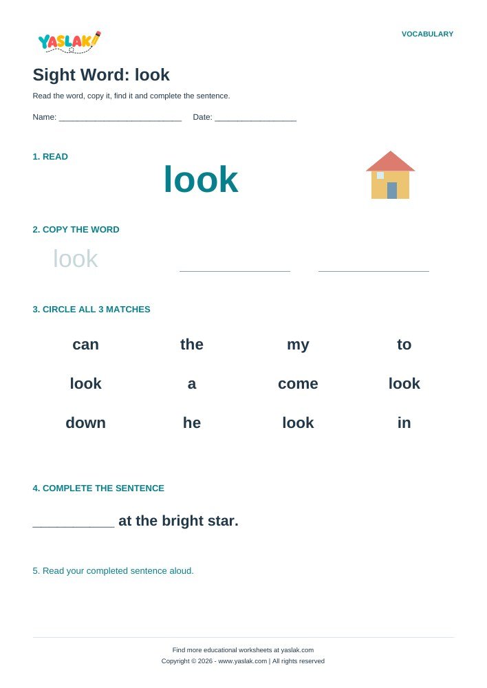 Sight Word: look worksheet with YASLAK logo and copyright