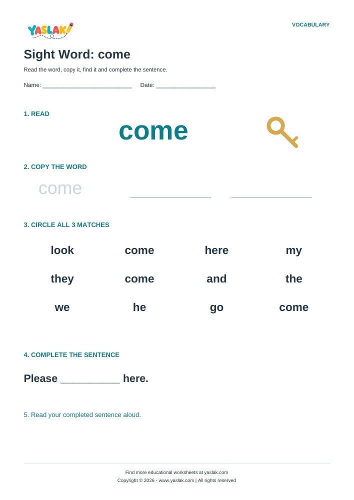 Sight Word: come worksheet with YASLAK logo and copyright