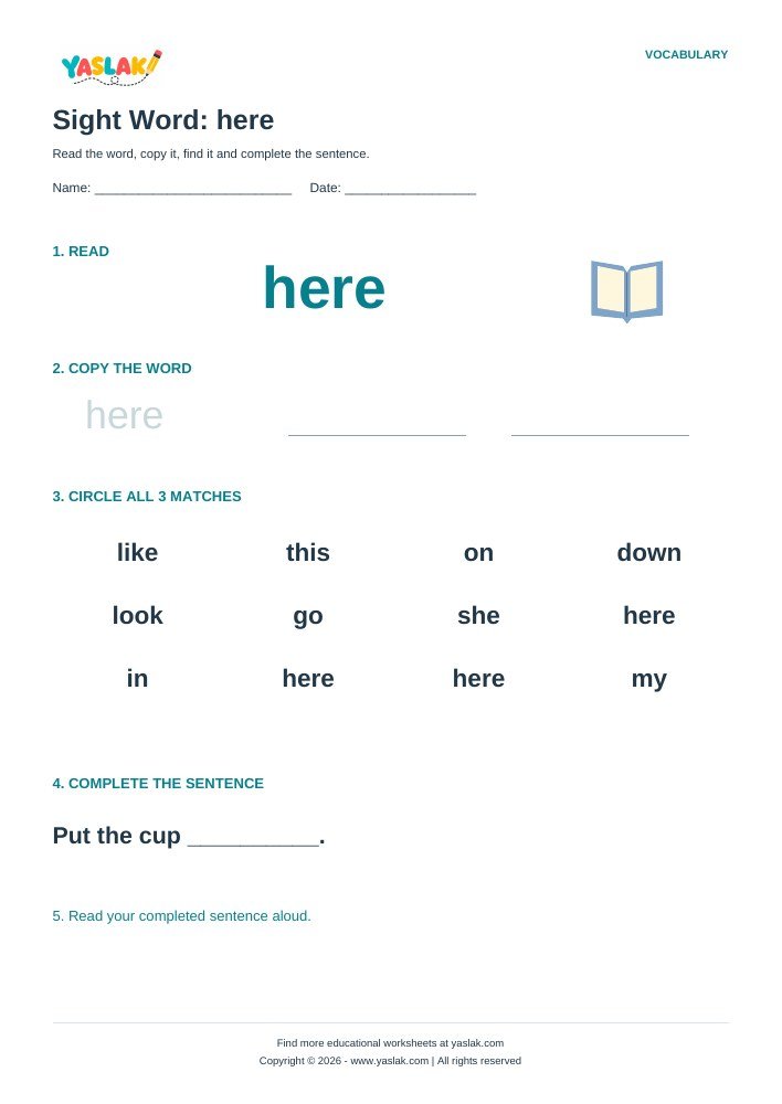 Sight Word: here worksheet with YASLAK logo and copyright