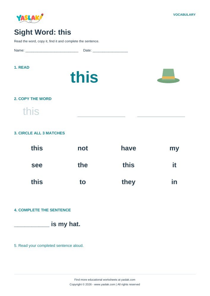 Sight Word: this worksheet with YASLAK logo and copyright