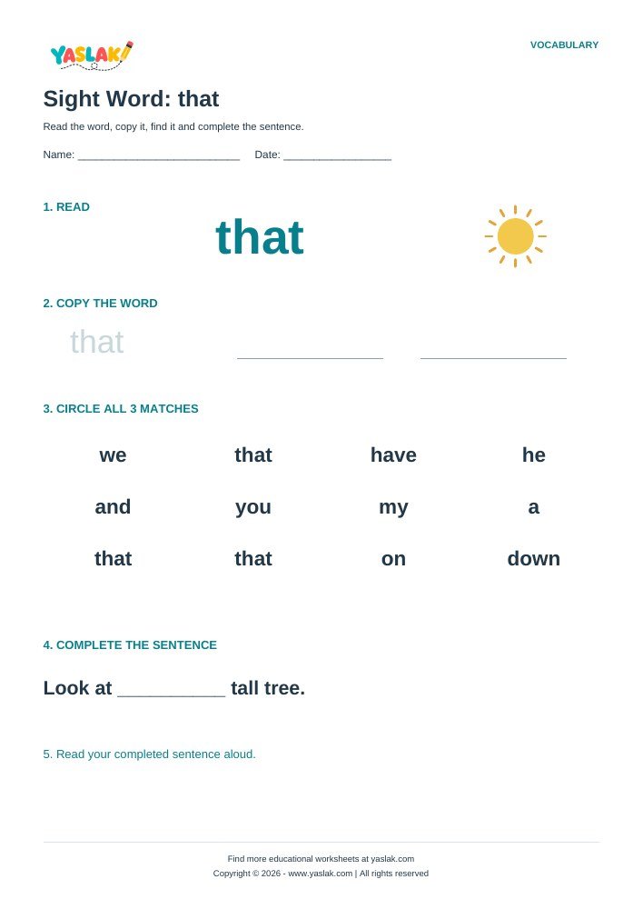 Sight Word: that worksheet with YASLAK logo and copyright