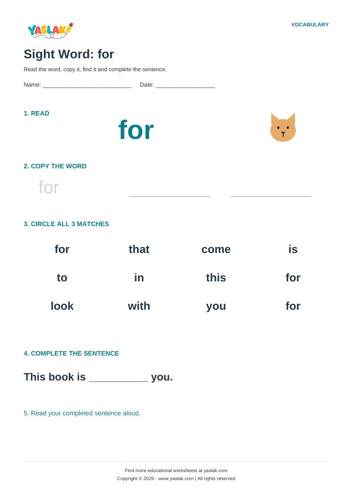 Sight Word: for worksheet with YASLAK logo and copyright