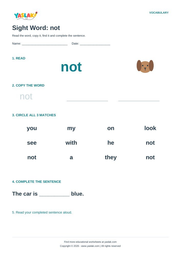 Sight Word: not worksheet with YASLAK logo and copyright