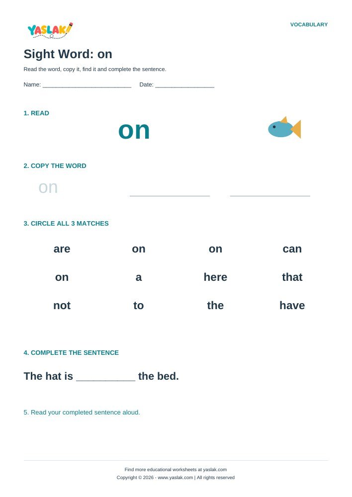 Sight Word: on worksheet with YASLAK logo and copyright