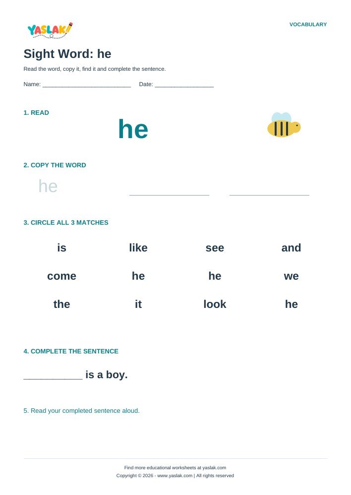 Sight Word: he worksheet with YASLAK logo and copyright