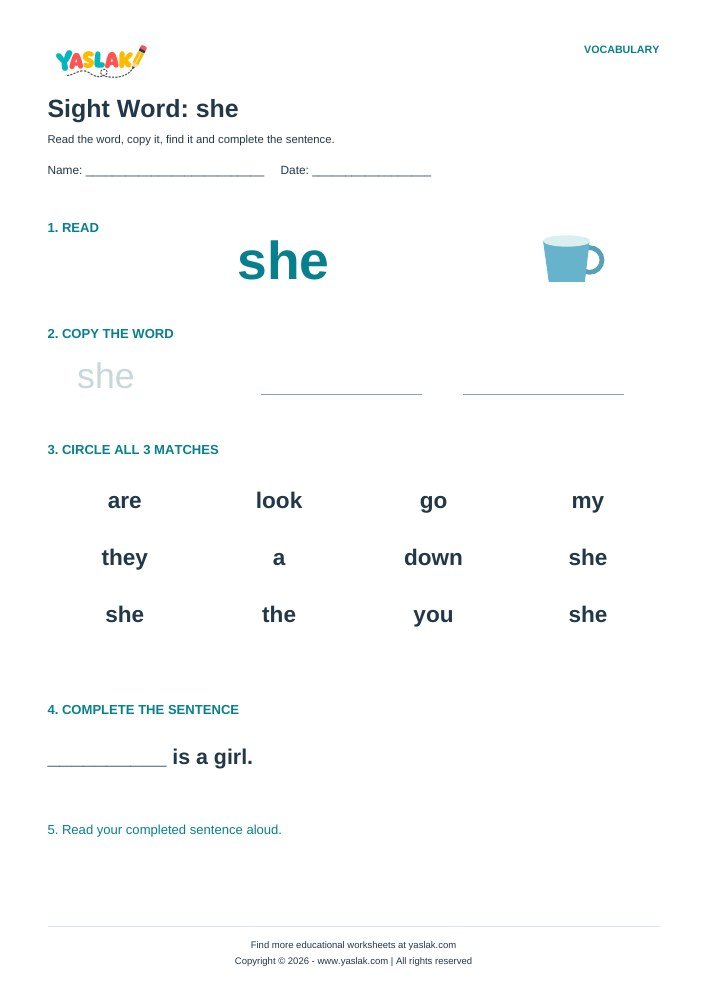 Sight Word: she worksheet with YASLAK logo and copyright