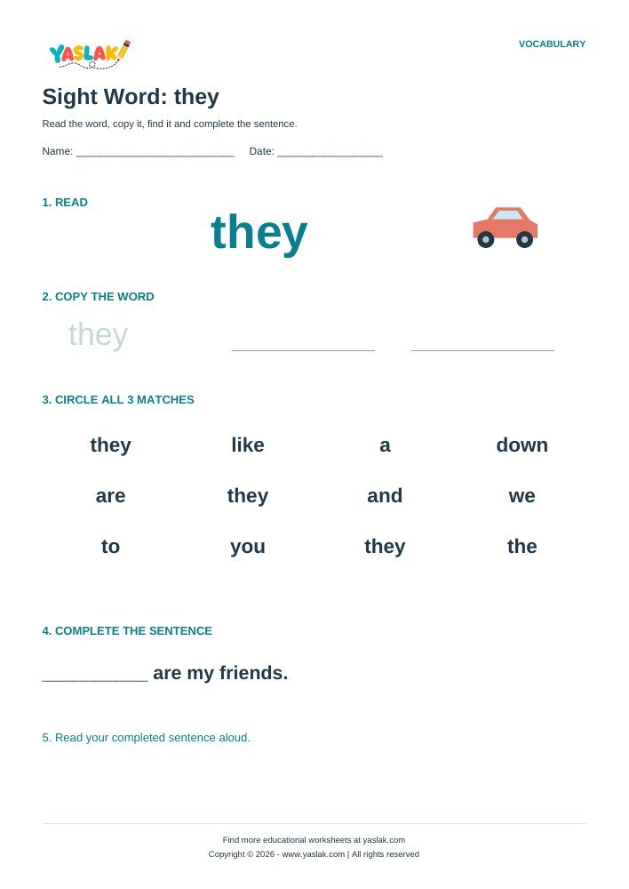 Sight Word: they worksheet with YASLAK logo and copyright
