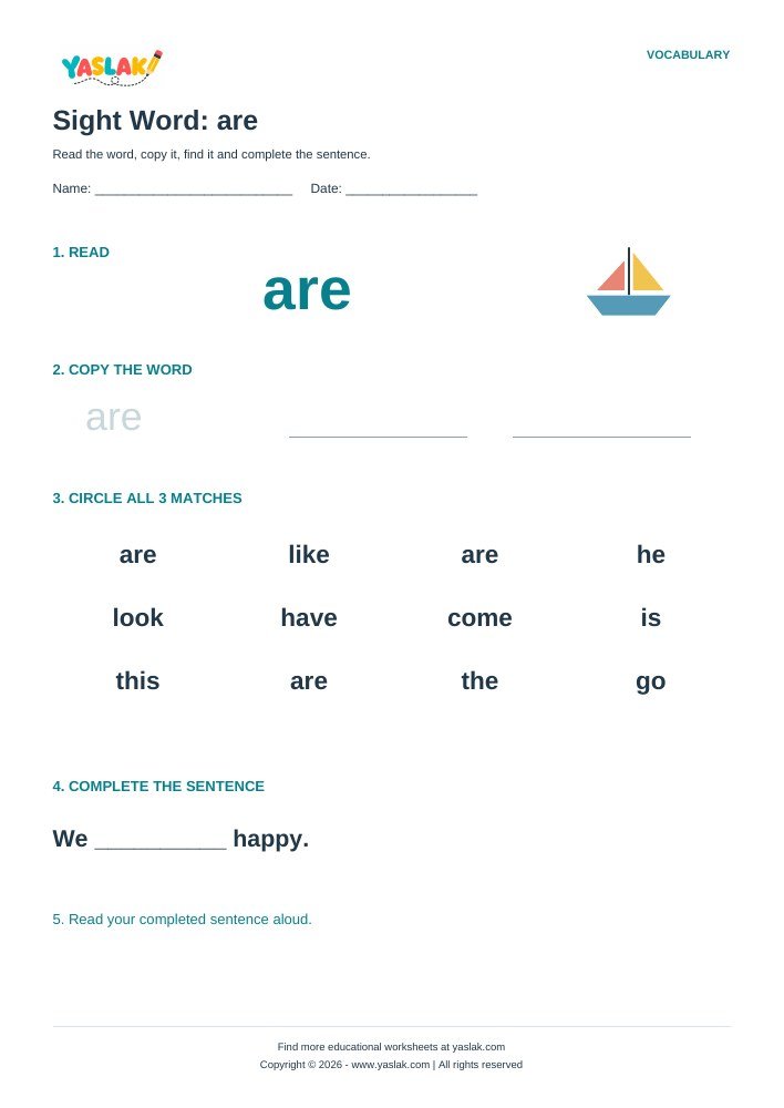 Sight Word: are worksheet with YASLAK logo and copyright