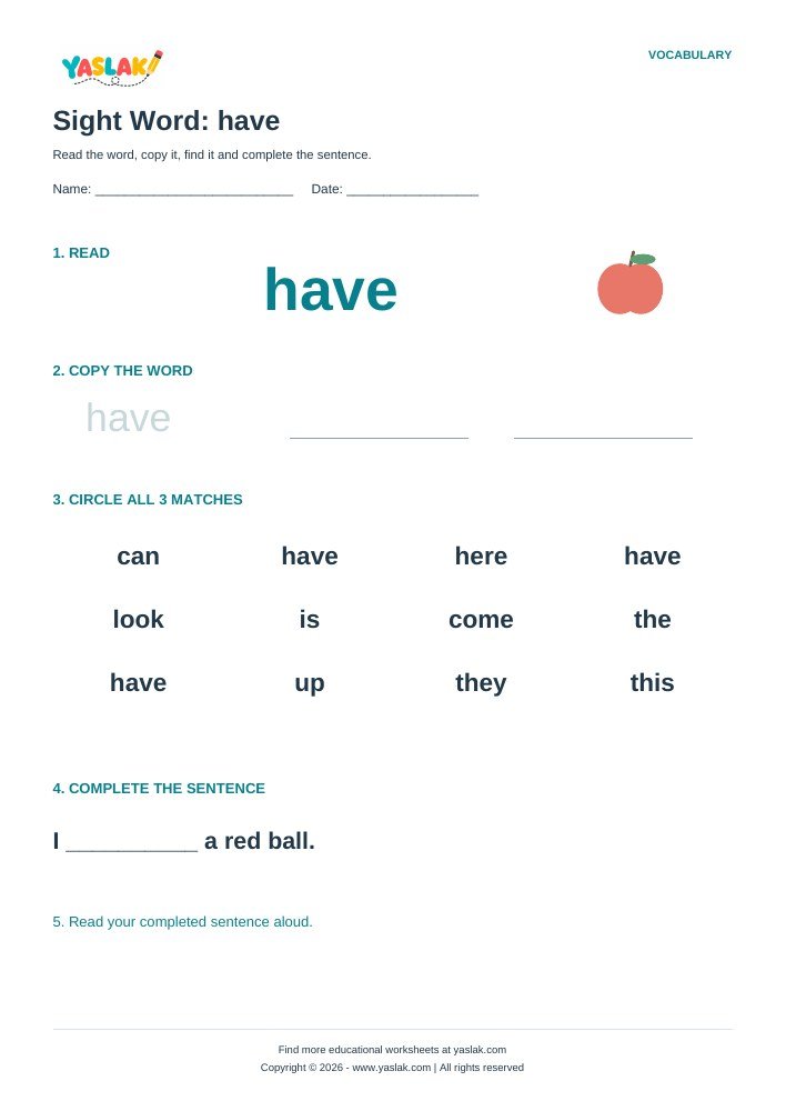 Sight Word: have worksheet with YASLAK logo and copyright
