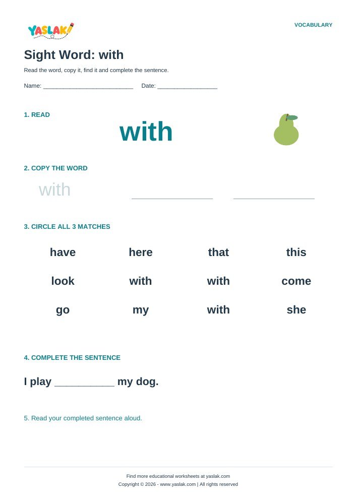 Sight Word: with worksheet with YASLAK logo and copyright
