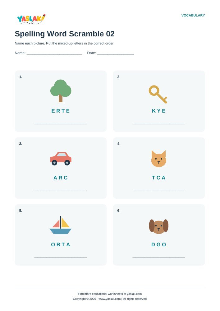 Spelling Word Scramble 02 worksheet with YASLAK logo and copyright