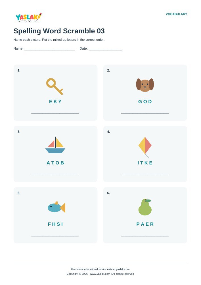 Spelling Word Scramble 03 worksheet with YASLAK logo and copyright