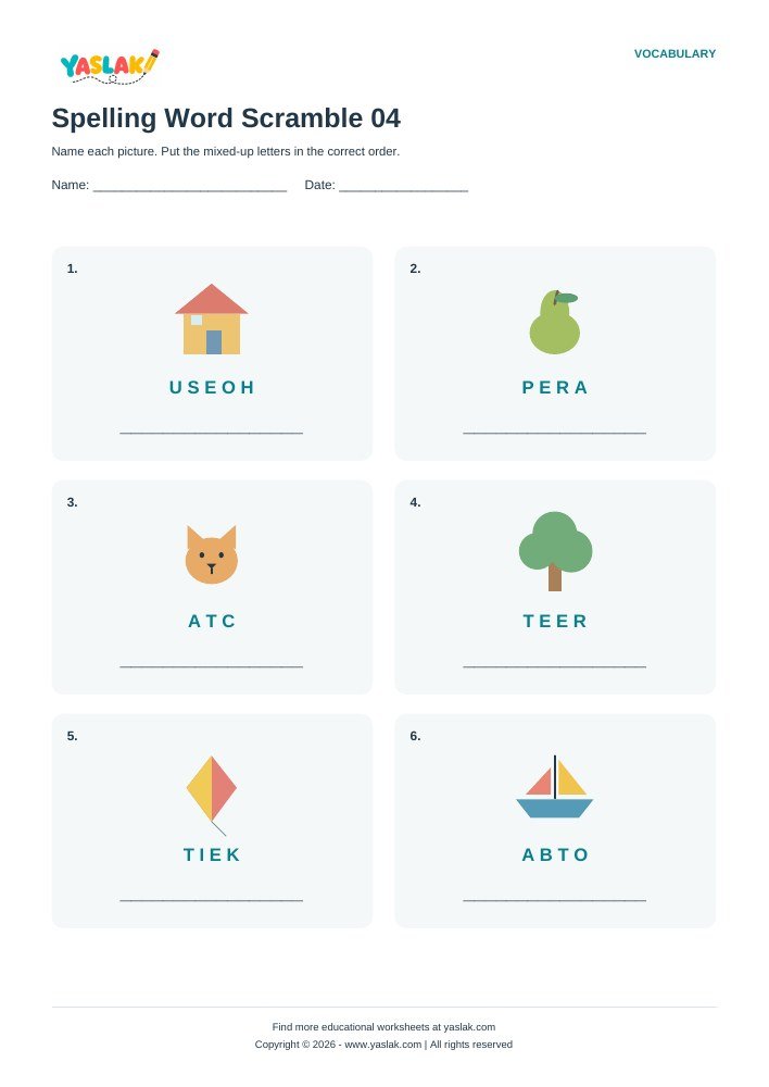 Spelling Word Scramble 04 worksheet with YASLAK logo and copyright