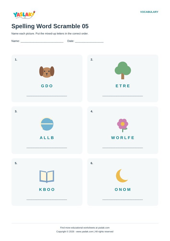 Spelling Word Scramble 05 worksheet with YASLAK logo and copyright