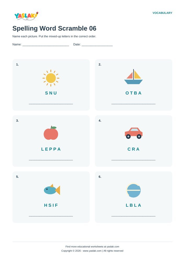 Spelling Word Scramble 06 worksheet with YASLAK logo and copyright