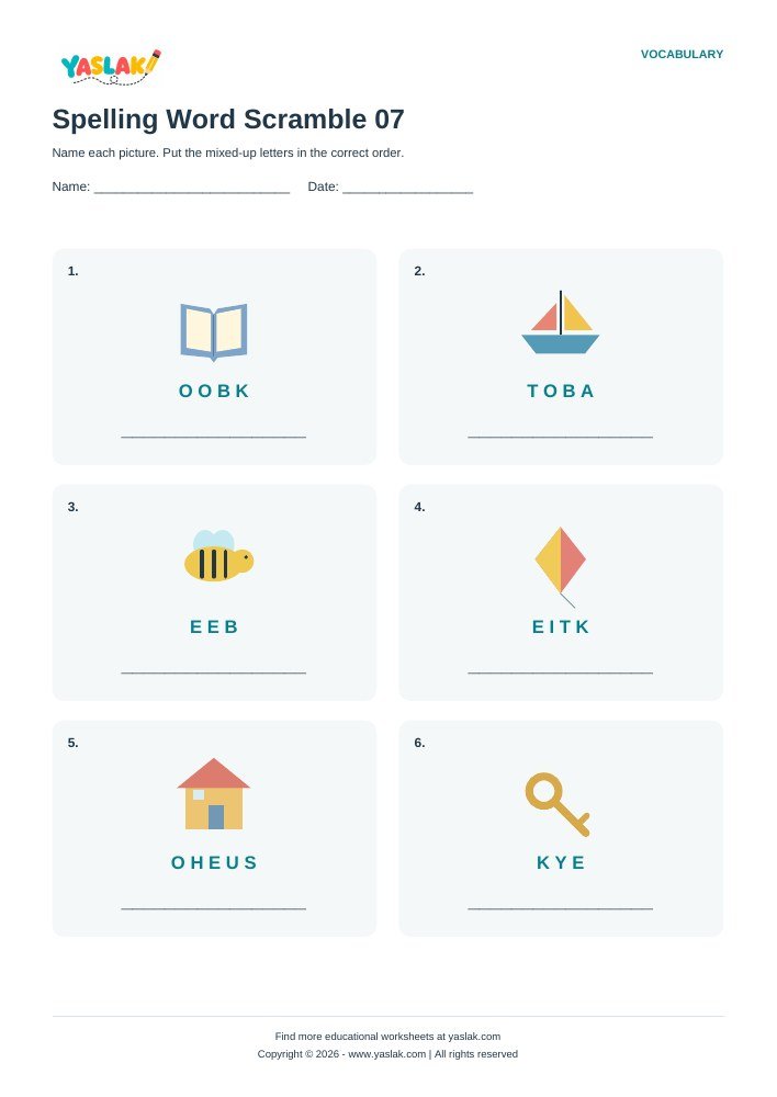 Spelling Word Scramble 07 worksheet with YASLAK logo and copyright