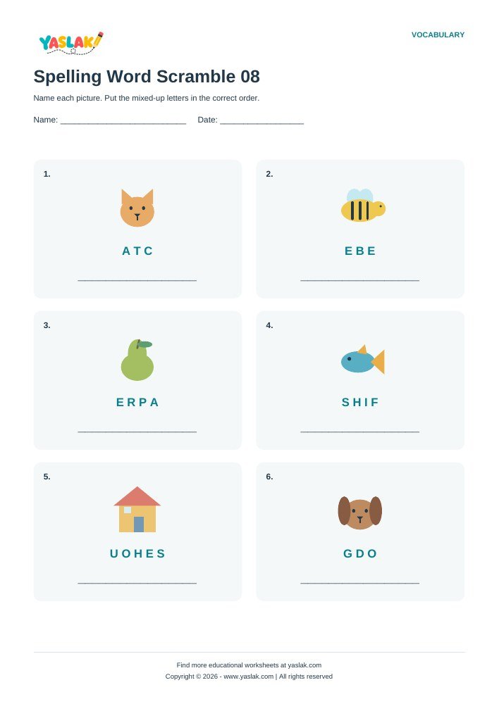 Spelling Word Scramble 08 worksheet with YASLAK logo and copyright
