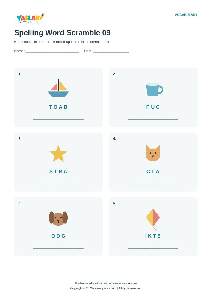 Spelling Word Scramble 09 worksheet with YASLAK logo and copyright