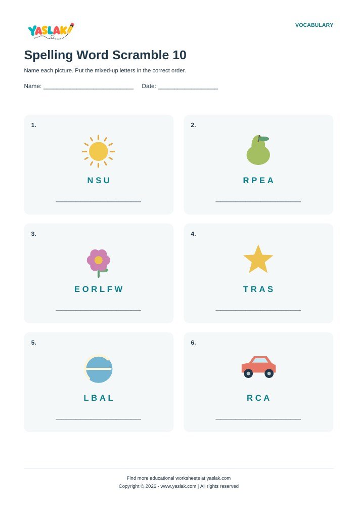 Spelling Word Scramble 10 worksheet with YASLAK logo and copyright