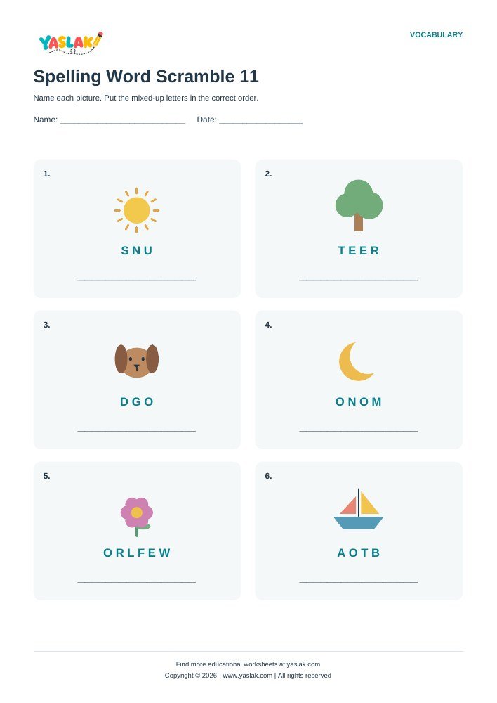 Spelling Word Scramble 11 worksheet with YASLAK logo and copyright