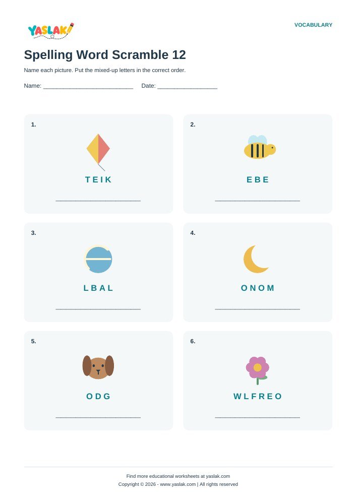 Spelling Word Scramble 12 worksheet with YASLAK logo and copyright