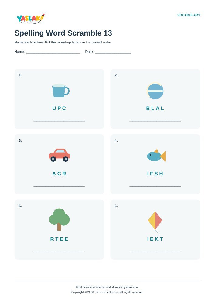 Spelling Word Scramble 13 worksheet with YASLAK logo and copyright
