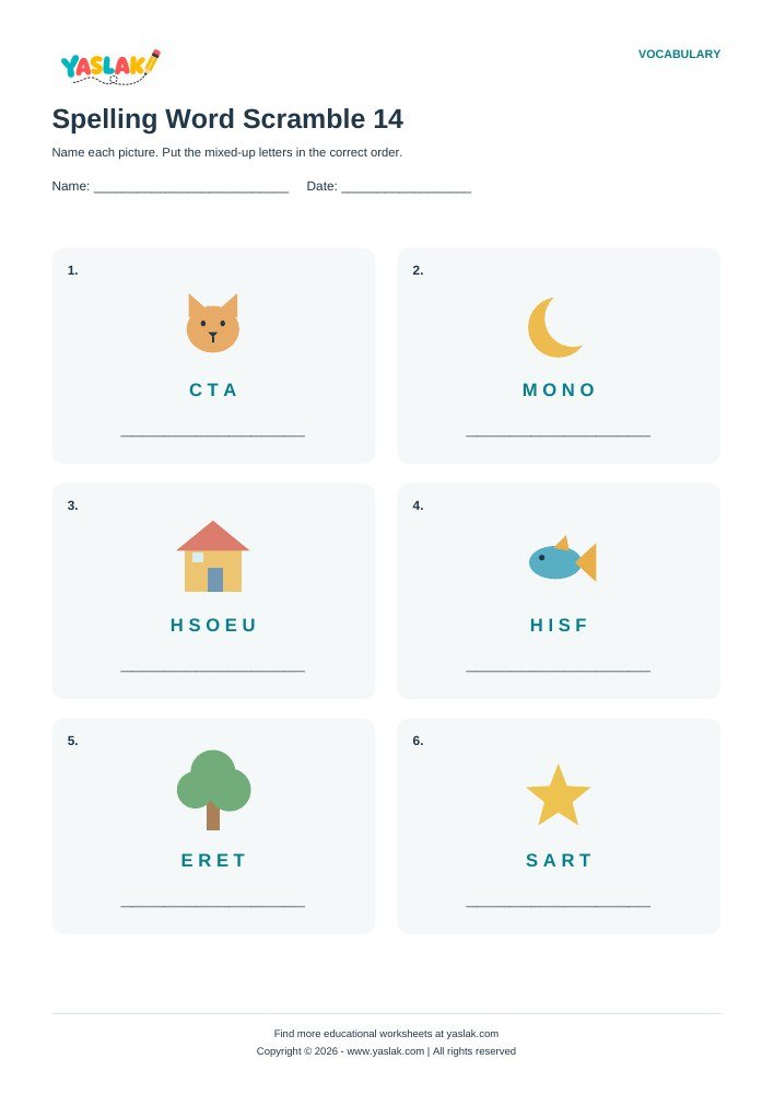 Spelling Word Scramble 14 worksheet with YASLAK logo and copyright
