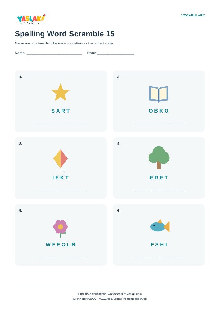 Spelling Word Scramble 15 worksheet with YASLAK logo and copyright