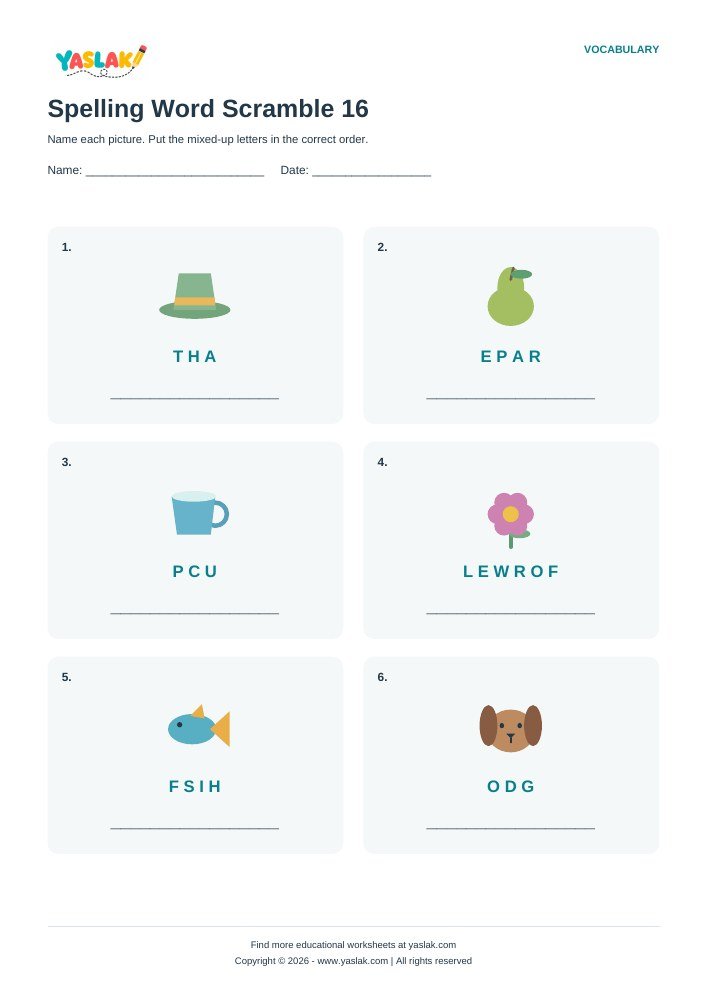 Spelling Word Scramble 16 worksheet with YASLAK logo and copyright