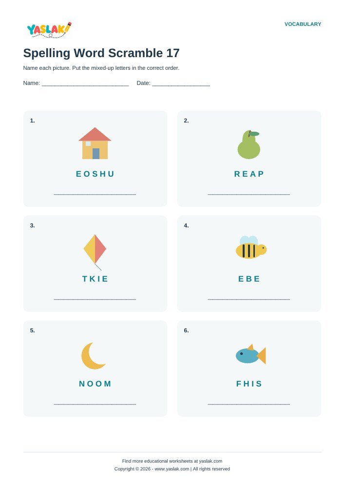 Spelling Word Scramble 17 worksheet with YASLAK logo and copyright