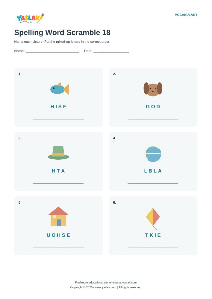 Spelling Word Scramble 18 worksheet with YASLAK logo and copyright