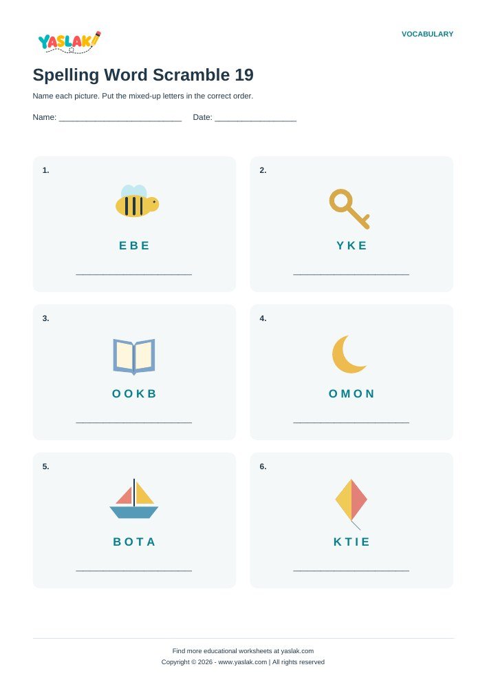 Spelling Word Scramble 19 worksheet with YASLAK logo and copyright