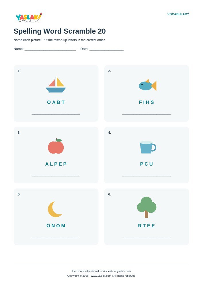 Spelling Word Scramble 20 worksheet with YASLAK logo and copyright