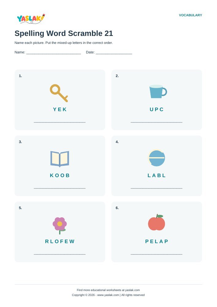 Spelling Word Scramble 21 worksheet with YASLAK logo and copyright