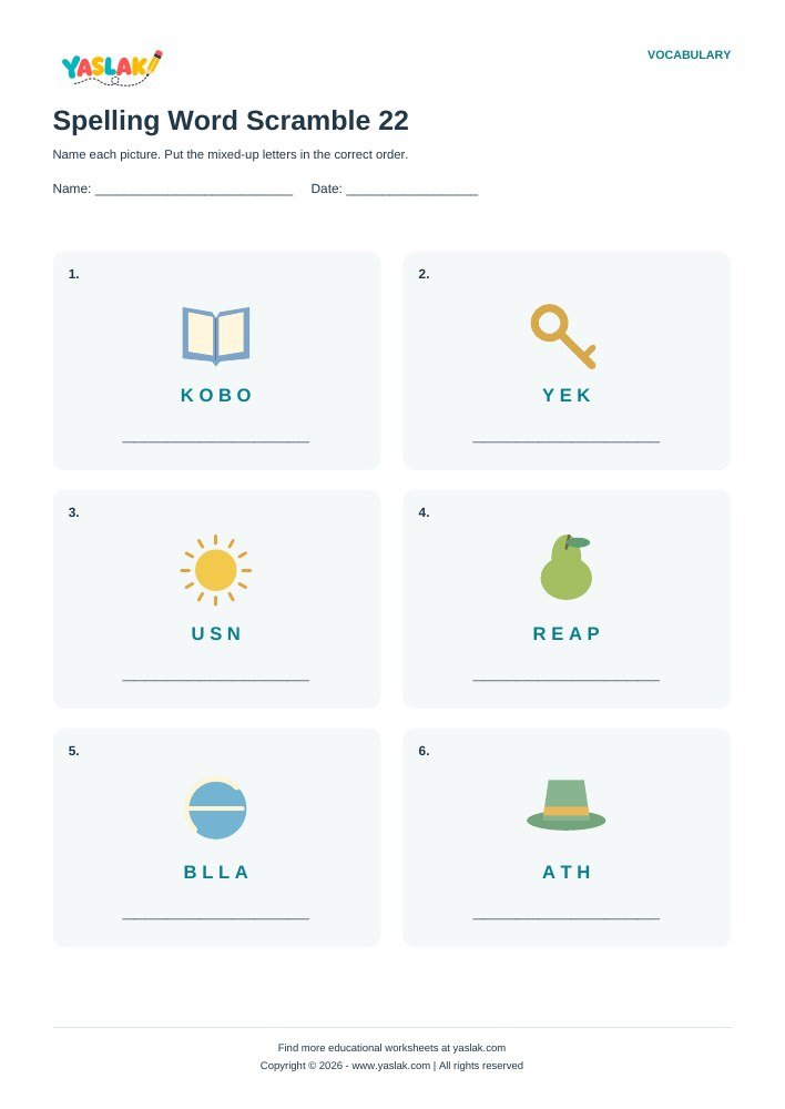 Spelling Word Scramble 22 worksheet with YASLAK logo and copyright