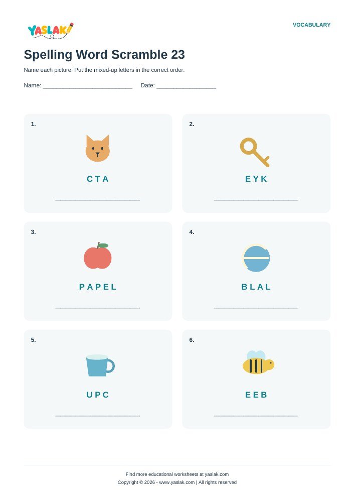 Spelling Word Scramble 23 worksheet with YASLAK logo and copyright