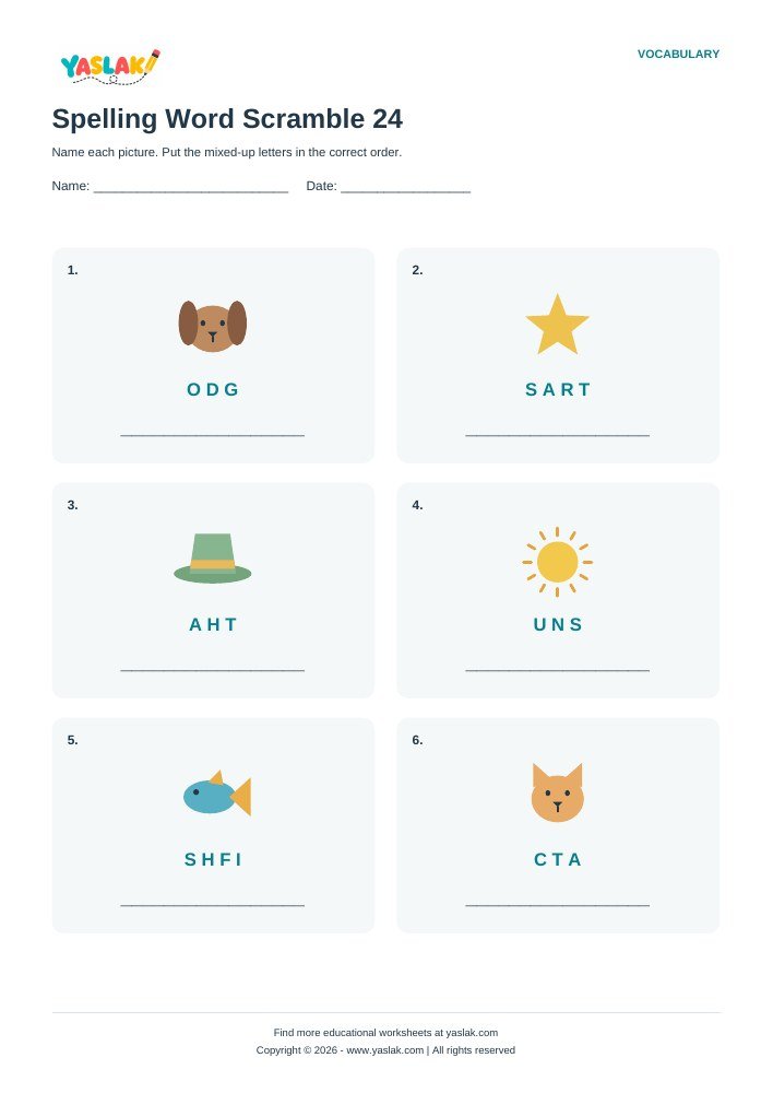 Spelling Word Scramble 24 worksheet with YASLAK logo and copyright