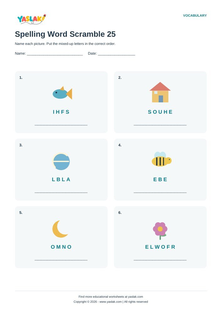 Spelling Word Scramble 25 worksheet with YASLAK logo and copyright