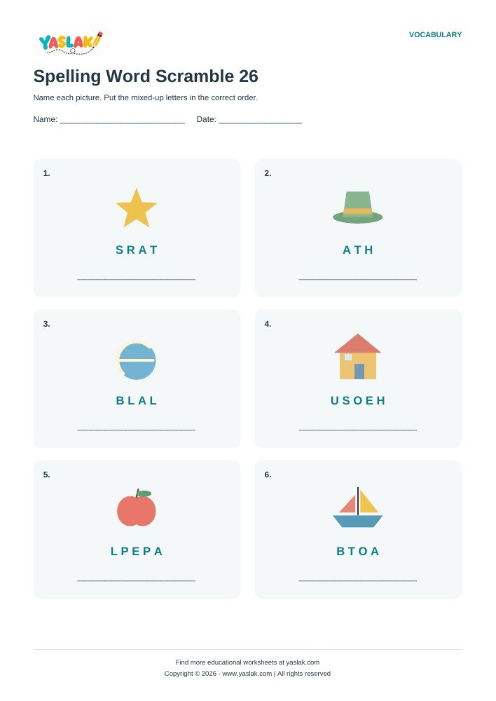 Spelling Word Scramble 26 worksheet with YASLAK logo and copyright