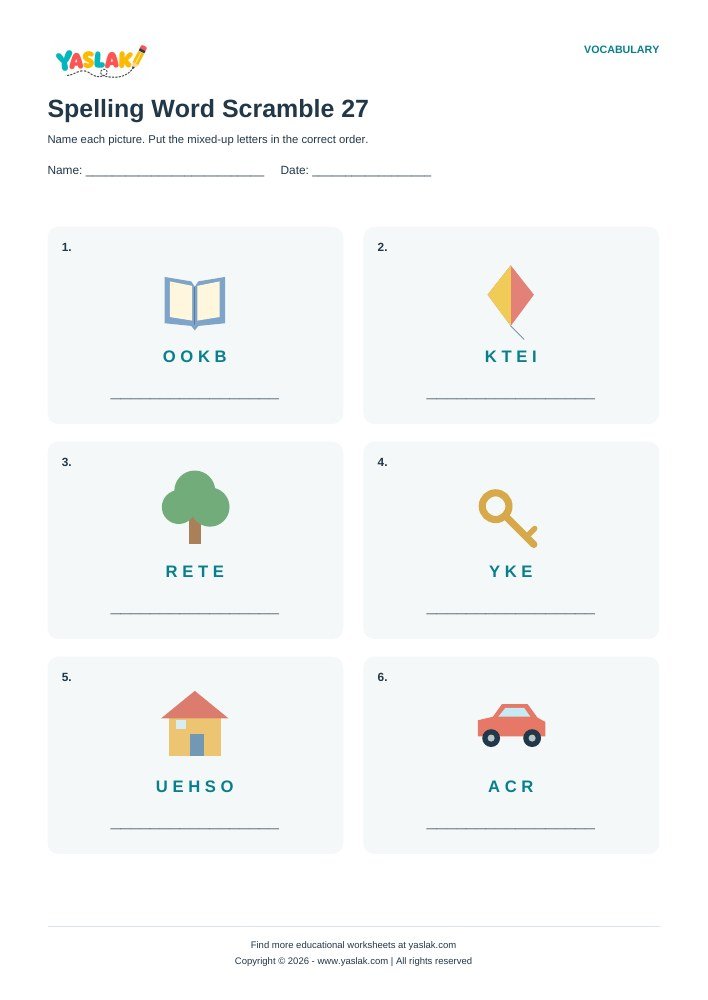 Spelling Word Scramble 27 worksheet with YASLAK logo and copyright