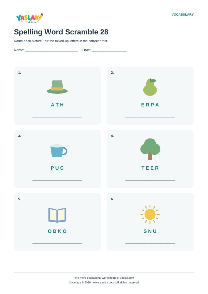 Spelling Word Scramble 28 worksheet with YASLAK logo and copyright