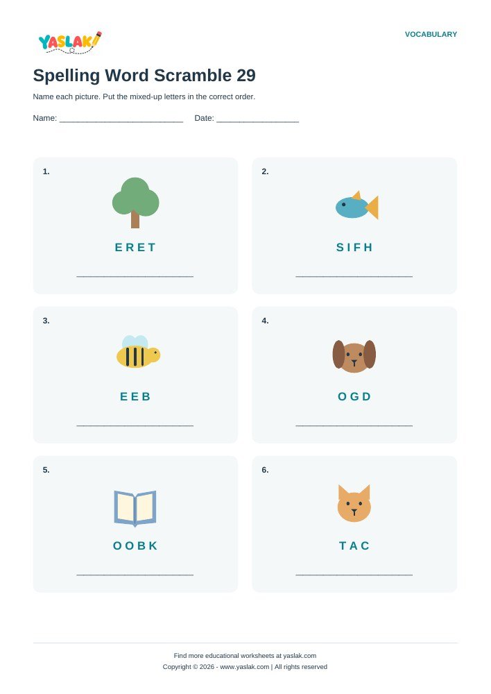 Spelling Word Scramble 29 worksheet with YASLAK logo and copyright