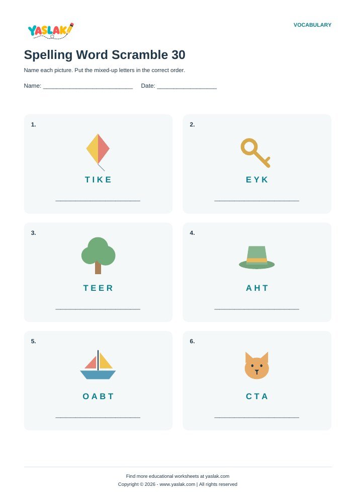 Spelling Word Scramble 30 worksheet with YASLAK logo and copyright