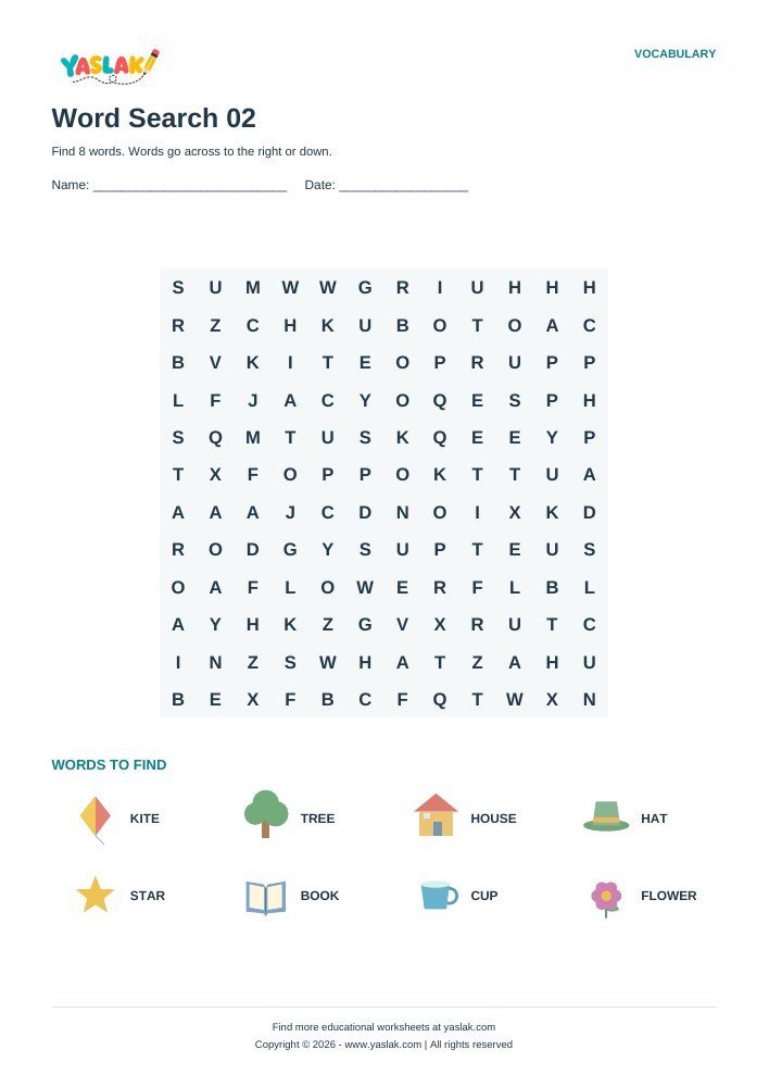 Word Search 02 worksheet with YASLAK logo and copyright