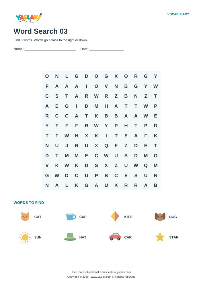 Word Search 03 worksheet with YASLAK logo and copyright