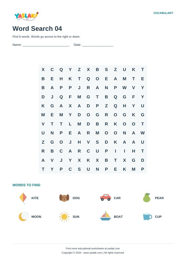 Word Search 04 worksheet with YASLAK logo and copyright