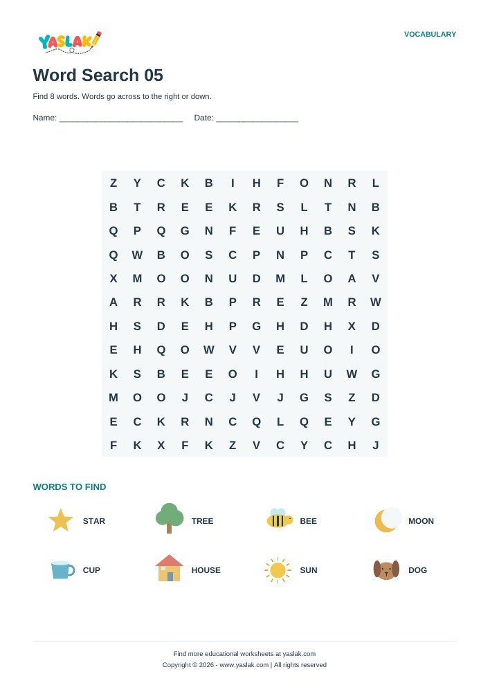 Word Search 05 worksheet with YASLAK logo and copyright