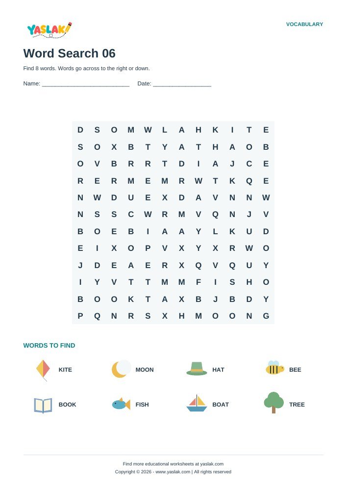 Word Search 06 worksheet with YASLAK logo and copyright