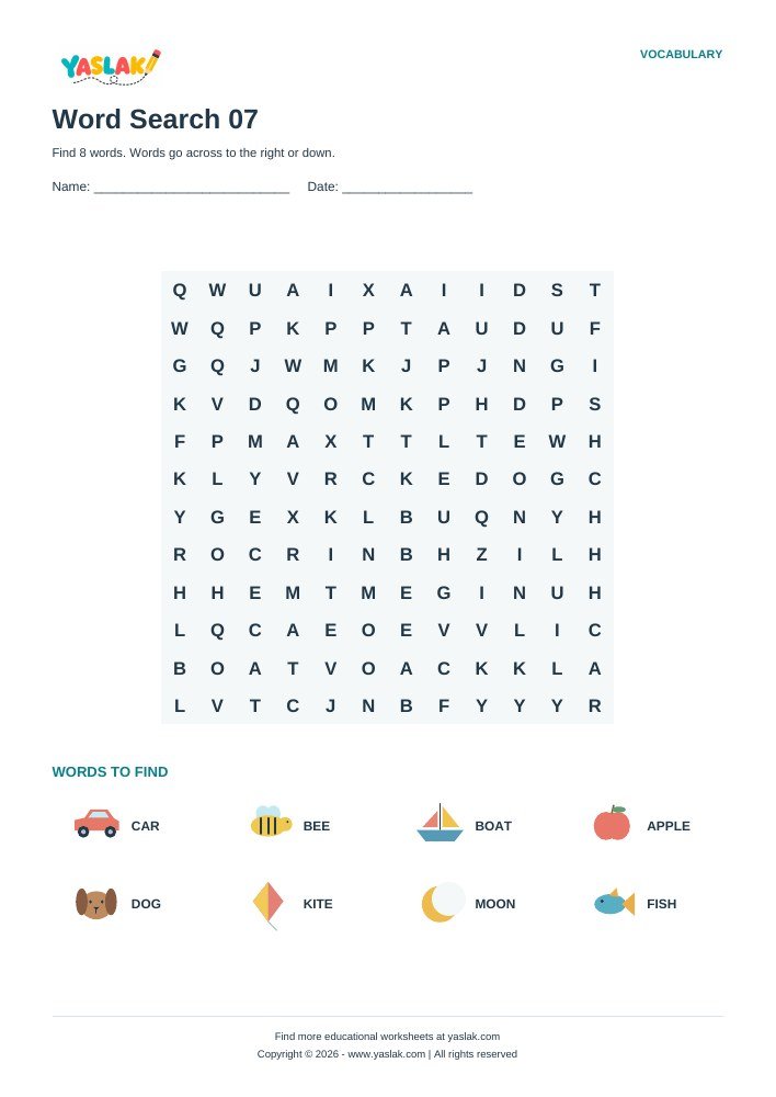 Word Search 07 worksheet with YASLAK logo and copyright